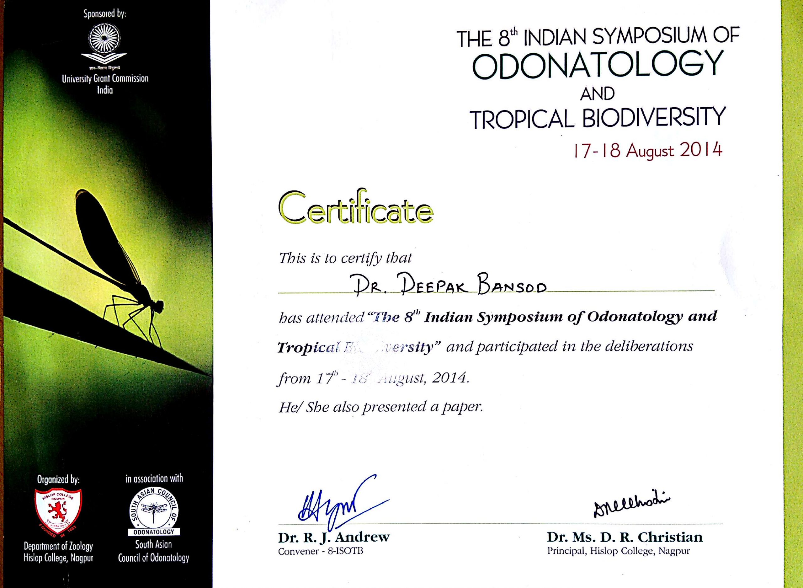 Odonotology Symposium certificate